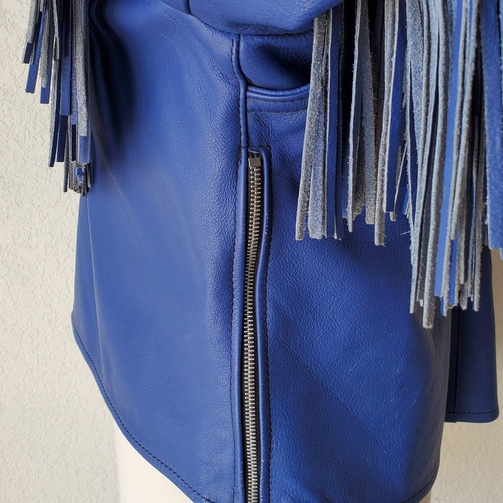 Leather Fringe Jacket Handmade Urban Cowboy Biker Lace Front - Picture 9 of 10